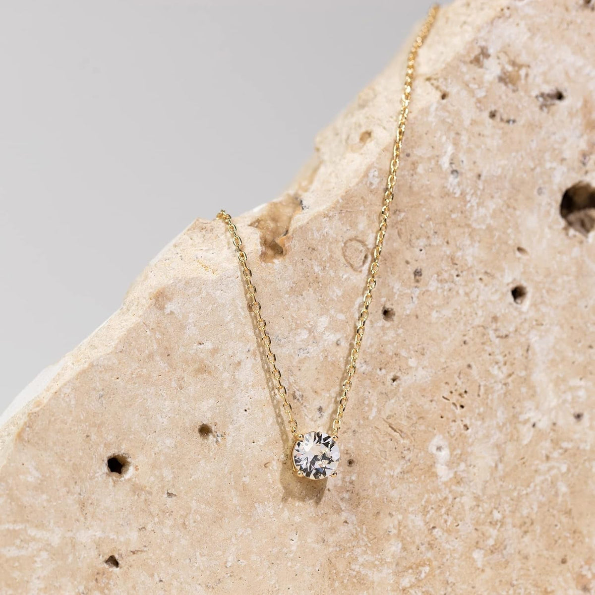 14K Gold Plated Crystal Solitaire 1.5 Carat (7.3Mm) Cubic Zirconia Dainty Choker Necklace | Gold Necklaces for Women