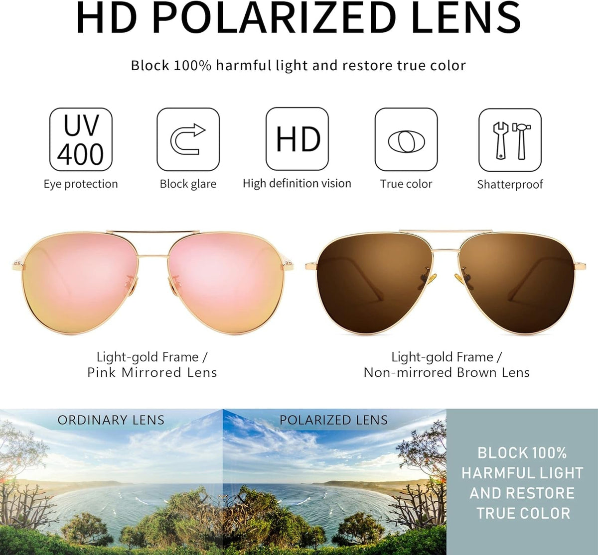 Women's Lightweight Oversized Aviator Sunglasses - Mirrored Polarized Lens
