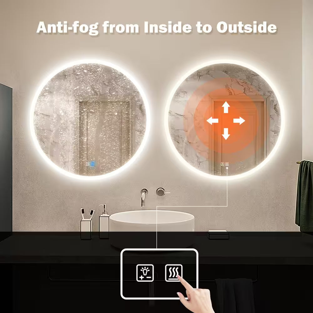 36 In. W X 36 In. H round Frameless LED Light with 3-Color and Anti-Fog Frosted Edge Wall Mounted Bathroom Vanity Mirror