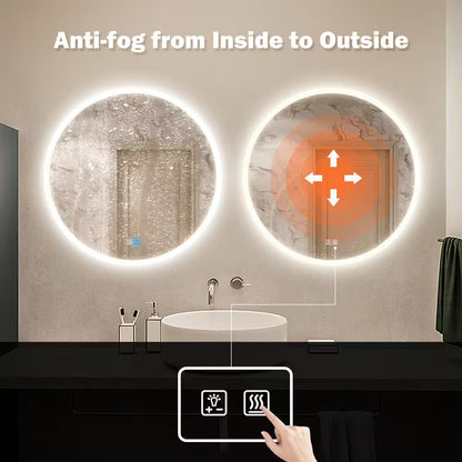 36 In. W X 36 In. H round Frameless LED Light with 3-Color and Anti-Fog Frosted Edge Wall Mounted Bathroom Vanity Mirror