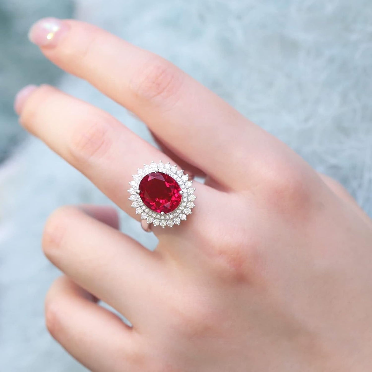 925 Sterling Silver Created Ruby Red Gemstone Index and Mid Finger Cocktail Vintage Ring for Women Oval Shape