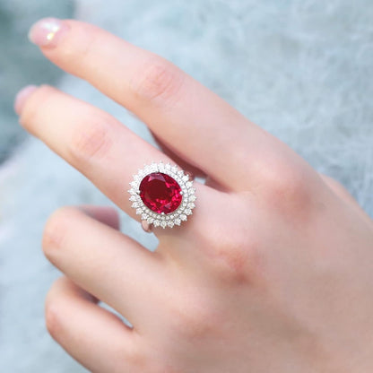 925 Sterling Silver Created Ruby Red Gemstone Index and Mid Finger Cocktail Vintage Ring for Women Oval Shape