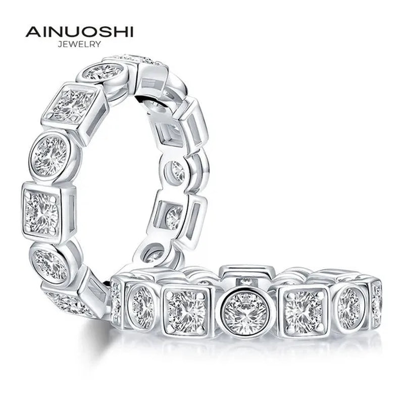 Eternity Ring 18k White Gold Plating Sterling Silver Round & Emerald Cut Ethical Lab-grown Diamond Band Stackable Ring Multi-stone Ring