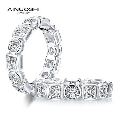 Eternity Ring 18k White Gold Plating Sterling Silver Round & Emerald Cut Ethical Lab-grown Diamond Band Stackable Ring Multi-stone Ring