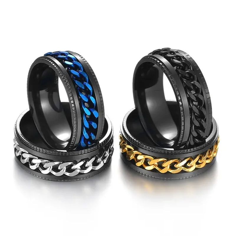 Fashion Punk Stainless Steel 8mm Rings for Men Chain Rings Biker Grooved Edge, Size 6-12