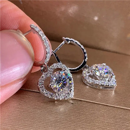 Romantic Round Cut Brilliant Diamond Heart Drop Earrings Women Hoop Earrings Proposal Party Fine Jewelry
