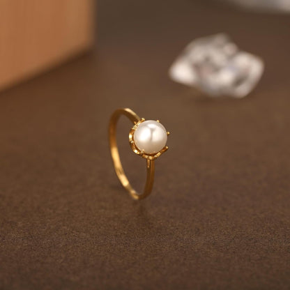 Pearl Ring for Women, 18K Gold Plated Womens Gold Rings for Bride Wedding Engagement Band Birthday Gold Rings Size 5 to 9