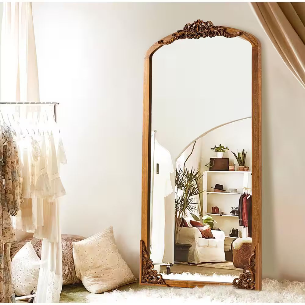 28 In. W X 67 In. H Classic Arch-Top Wood Framed Brown Full-Length Floor Mirror