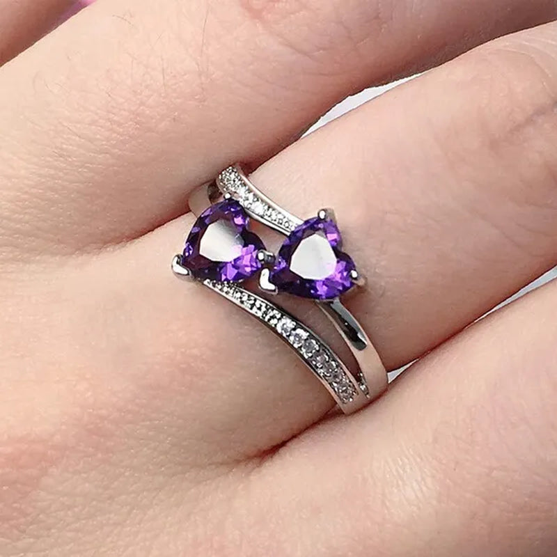Fashion Elegance Silver Color Double Heart-Shaped Zircon Birthstone Bridal Princess Wedding Engagement Party Ring Size 5-11