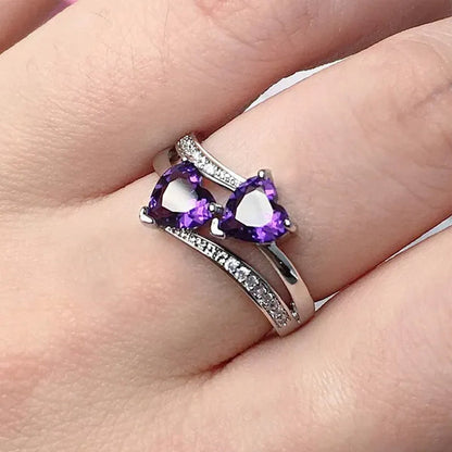 Fashion Elegance Silver Color Double Heart-Shaped Zircon Birthstone Bridal Princess Wedding Engagement Party Ring Size 5-11