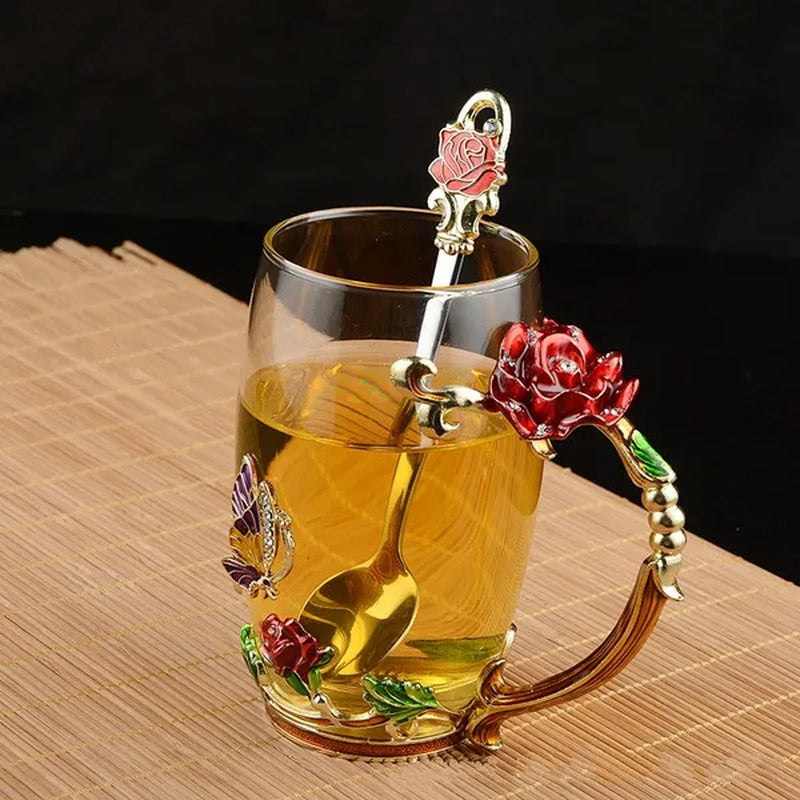 Red Blue Rose Enamel Crystal Cup Flower Tea Cup Butterfly Glass Water Cups Flower Mug with Spoon Set Perfect Gift for Lover Wedding