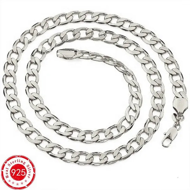 925 Sterling Silver Jewelry Set Flat Sideways Necklace Bracelet Chain for Men and Women-Fashion Wedding Engagement Jewelry-Genuine Sterling Silver