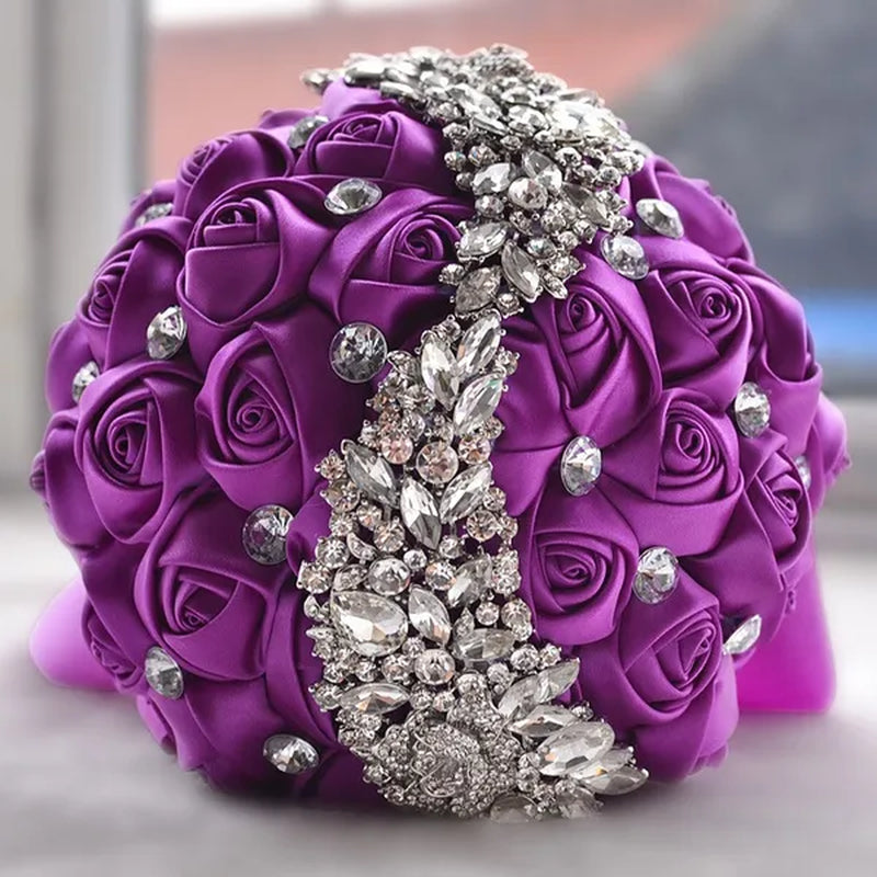 18CM Silk Rose Ribbon Wedding Bouquet Shiny Diamond Brooch Bridal Bouquet Creative Handmade DIY Bridesmaids Holding Flowers Wedding Party Simulation Flower