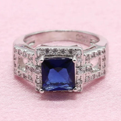 Women Fashion Silver Blue Zircon Ring Earrings Bracelet Pendant jewelry sets