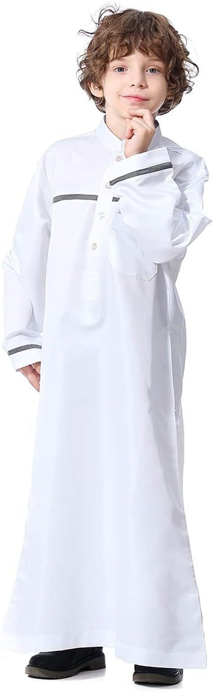 Kids Boys Muslim Thobe Long Sleeve Islamic Arabic Kaftan Robe Middle East Dubai Prayer Outfit with Pocket