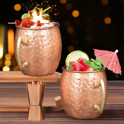 Moscow Mule Mugs Copper Mule Cup Kit 18Oz Set of 4 with Handle Large Copper Hammered Plating Cups with 0.5Oz Double Jigger, Stainless Steel Straws, Spoon for Cold Drinks Cocktails Wine