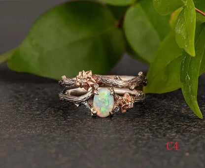 Vintage Maple Leaves & Flower Ring Set Antique Silver Women's Fashion Twig Leaf Opal & Moonstone Ring Anniversary Gift Engagement Bridal Wedding Jewelry Rings Size 5-10
