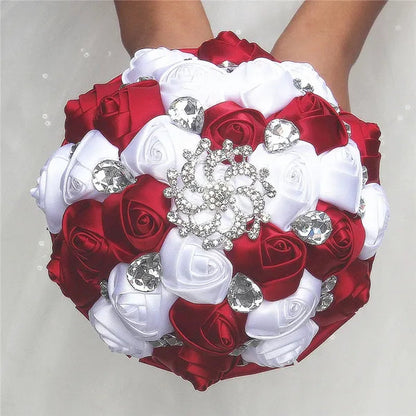 Private Custom Wedding Flower Bride Bouquet 18CM Silk Rose Wedding Bouquet Crystal Brooch Ribbon Bow Bride Bridesmaid Holding Flowers