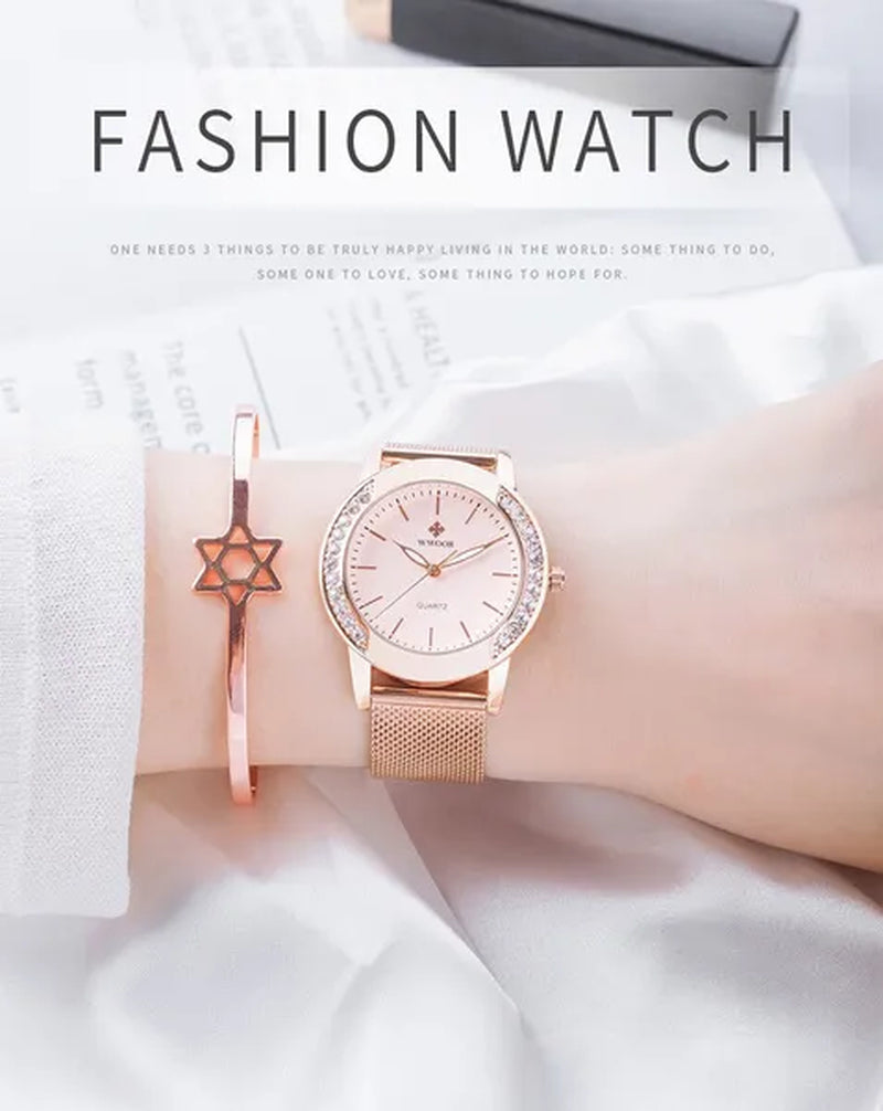 WWOOR Luxury Crystal Ladies Bracelet Watches Top Brand Fashion Women Quartz Watch For Women Rose Gold Mesh Band Wrist Watch Montre Femme