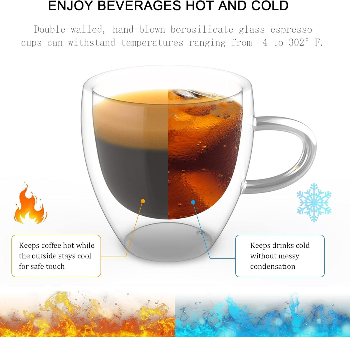 Espresso Cups 2.8 OZ - Double Walled Glass Espresso Cups Set of 4, Thermo Insulated Shot Glasses with Handle