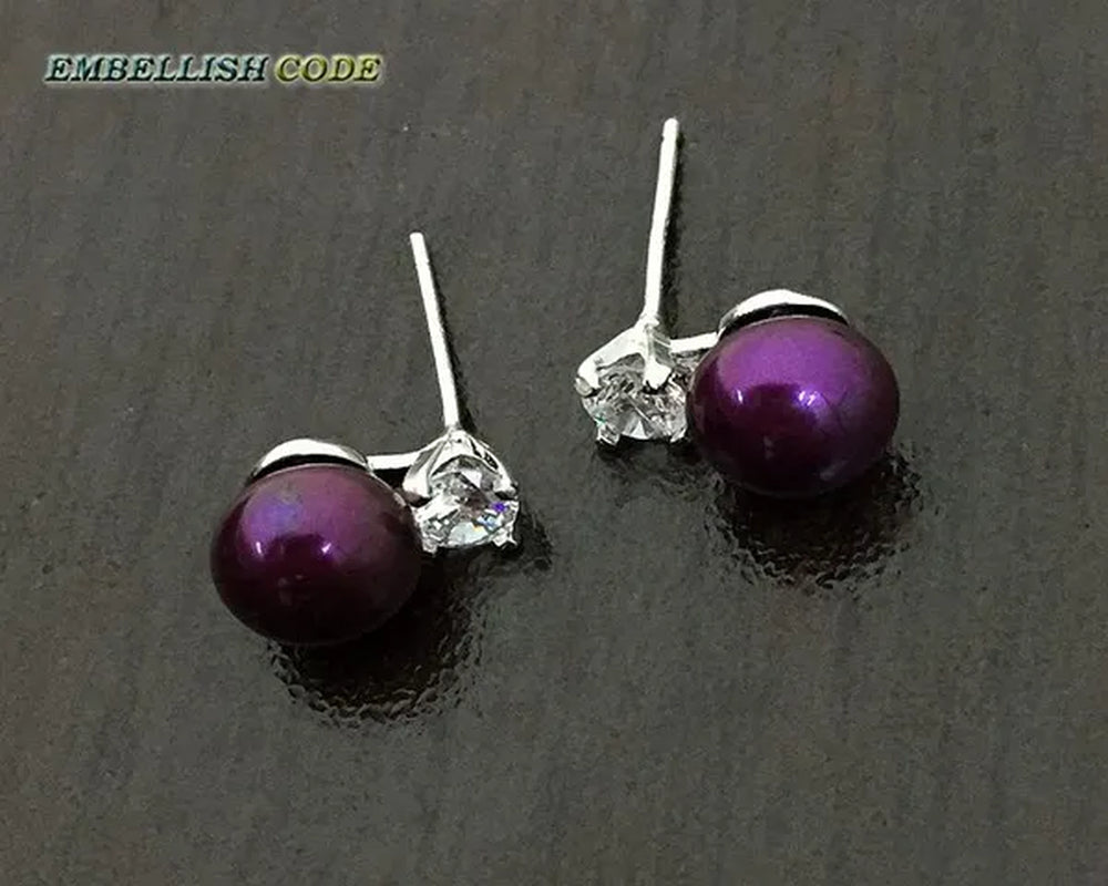 charming natural fresh water stud pearl earrings 8mm fine jewelry 925 sterling silver zirconium white black purple brown blue
