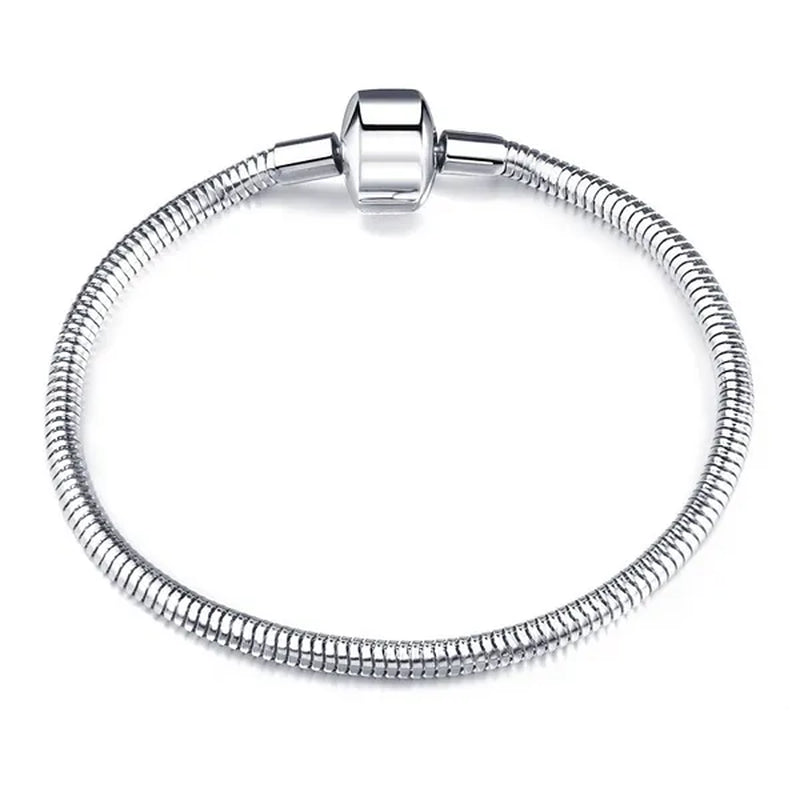 NEW Fashion 925 Sterling Silver White Flashing Double sided Heart Snake Chain Bracelet For European Bangle Bracelet Jewelery Making DIY