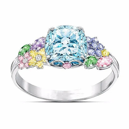 Unique Flower  Silver Multicolor Gemstone Aquamarine Square Princess Ring Woman Engagement Ring Anniversary Statement Natural Gemstones Pink Sapphire Ring