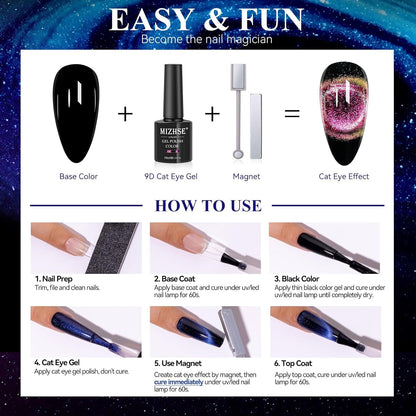 9D Cat Eye Gel Nail Polish, Magnetic Cat Eye Gel Polish Set, 10Ml*6 with 2 Magnets, Classic Colors Chameleon Magic Galaxy Effect Soak off Nail Art, Sparkle Stunning Gel Polish Gift for Women