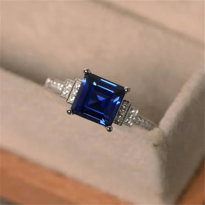 Simple 925 Sterling Silver Ring Princess Sqaure Cut Blue Sapphire Diamond Wedding Engagement Rings for Women Fine Jewelry Gift