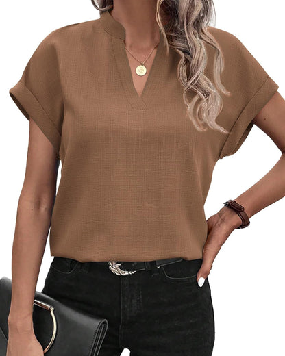 Womens Summer Tops 2025 V Neck Short Sleeve Tshirt Loose Flowy Tunics Solid Color Dressy Casual Blouse Shirts