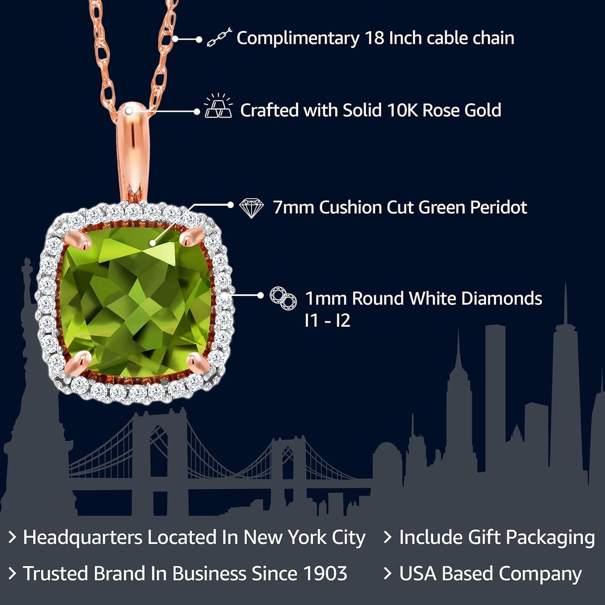 10K Rose Gold Gemstone Birthstone and White Diamond Halo Pendant Necklace | Cushion Cut 7MM | Rose Gold Necklace for Women | with 18 Inch Chain