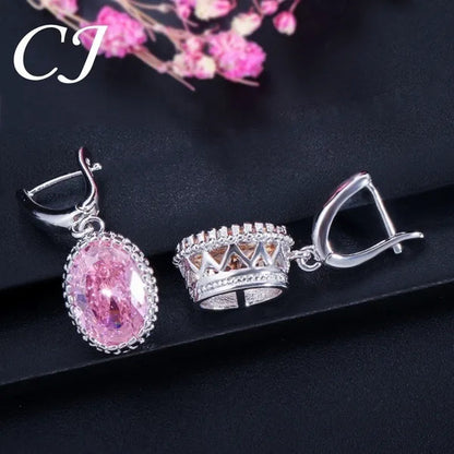 CANDICE Elegant Engagement Accessories Big Oval Cut CZ Stone Silver Necklace Earrings Ring For Bridal Wedding Bling Jewelry Set (US 6-9)