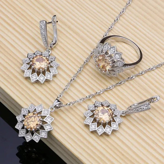 Flower 925 Sterling Silver Jewelry Sets Champagne Topaz Wedding Women Earrings/Pendant/Necklace/Ring/Bracelets