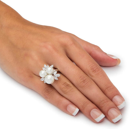 Platinum over Sterling Silver round Simulated Pearl and Cubic Zirconia Ring