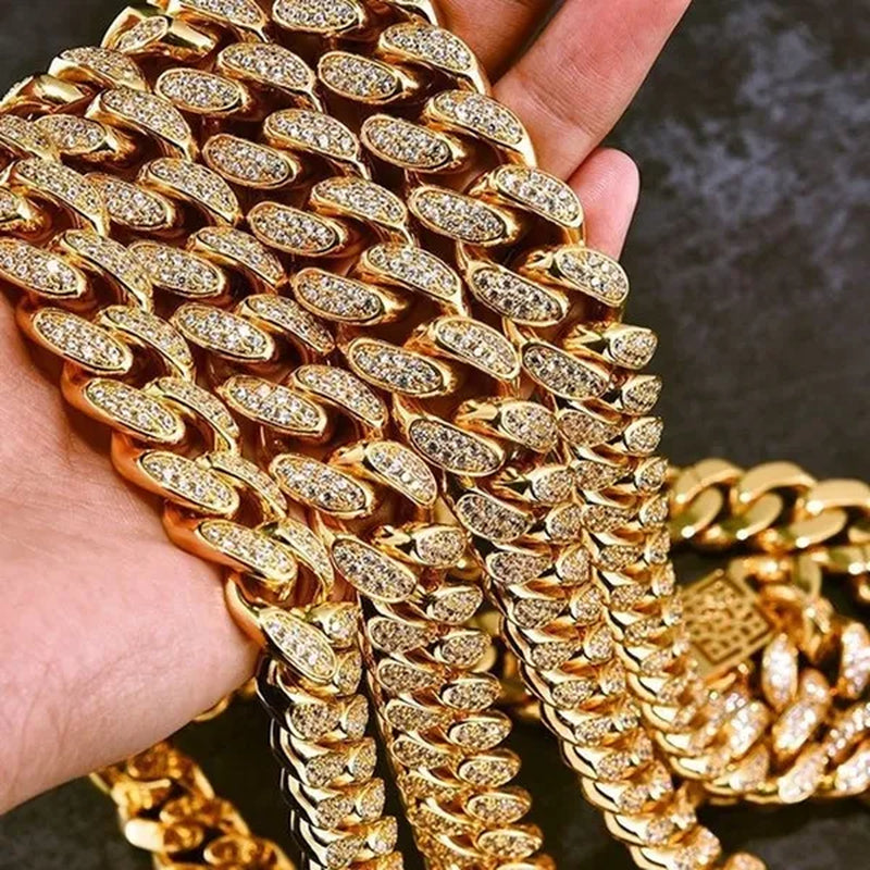 Mens Womens Gold Cuban Chain Necklaces or Bracelet Iced Out Cz Diamond Cuban Link Chain Necklace Stainless Steel