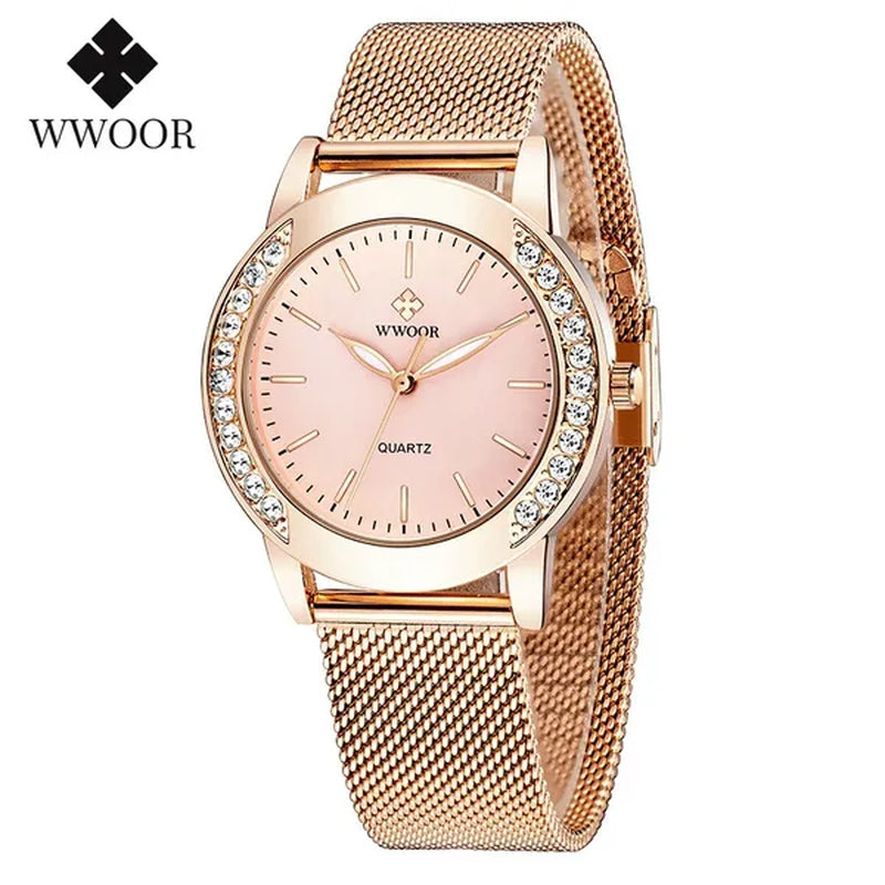 WWOOR Luxury Crystal Ladies Bracelet Watches Top Brand Fashion Women Quartz Watch For Women Rose Gold Mesh Band Wrist Watch Montre Femme
