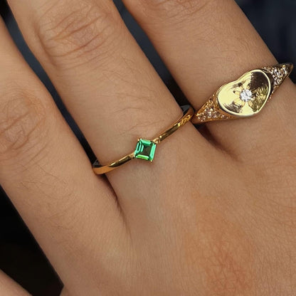 18K Gold Emerald Rings Simple Square Cut Dainty Delicate Rings Fine Jewelry for Women