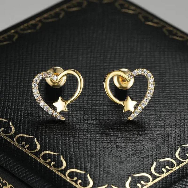 14K  Gold Love Heart Star White Zircon Stud Earrings for Women Wedding Engagement Bride Jewelry Gift