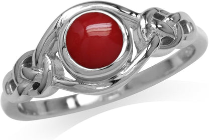 Created Red Coral White Gold Plated 925 Sterling Silver Celtic Knot Solitaire Ring Size 10