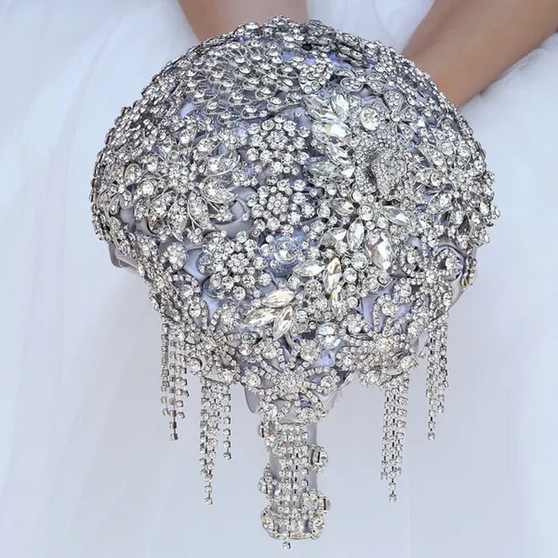 18CM High-end Luxury Full Diamond Bridal Bouquet Silver Rhinestone Brooch Tassel Wedding Flower Bouquet Handmade Bridesmaid Holding Flowers