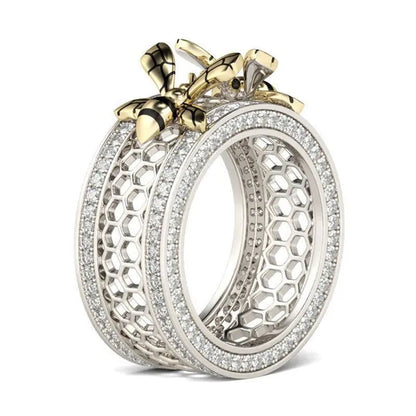 Unique Two Bee Honeycomb Sterling Silver Women's Band Natural White Sapphire Diamond Ring Women's Anniversary Christmas Gift Size 5-11