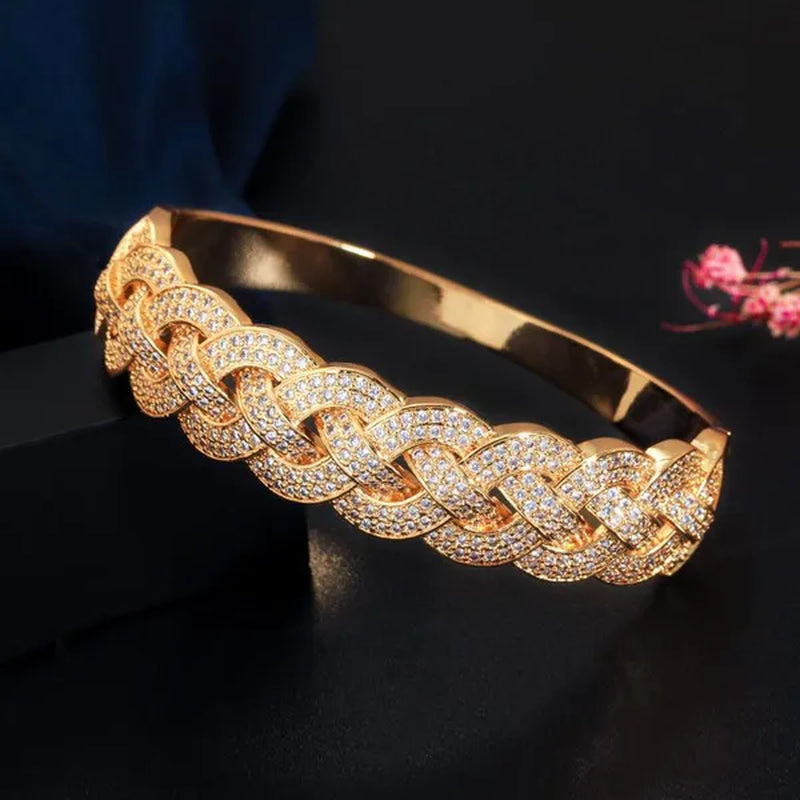 Gloriya Dubai Fashion Women Jewelry Full Micro Pave Tiny Bling AAA Cubic Zirconia Gold Rose Silver Plated Open Cuff Bangle Tennis Bracelet for Prom Party