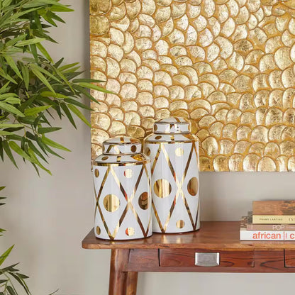White Ceramic Geometric Decorative Jars with Gold Accents (Set of 2)