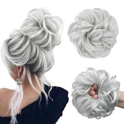Large Messy Bun Hair Piece Wavy Curly Scrunchies Synthetic Chignon Ponytail Hair Extensions Thick Updo Hairpieces for Women Light Silver Grey