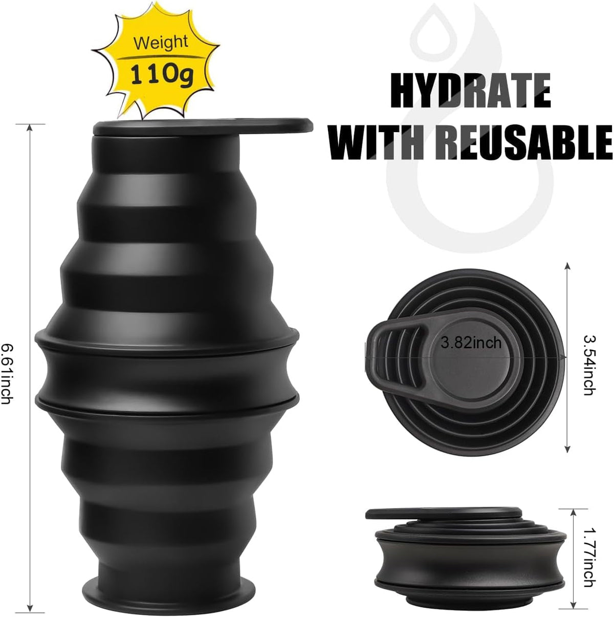 Collapsible Water Bottles BPA Free Leak Proof Foldable Silicone Bottle with Anti-Collapse Ring for Travel Camping Hiking Running Sport