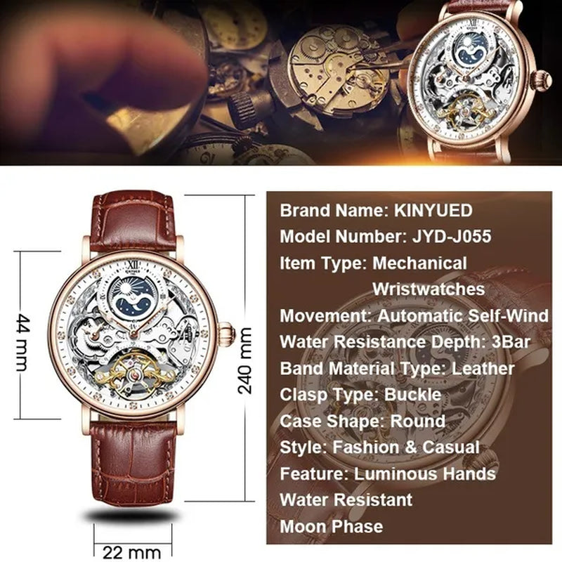 KINYUED Mechanical Automatic Watch Men Tourbillon Wristwatch Sports Clock Mechanism Self Winding Watches Casual Moon horloge man watches