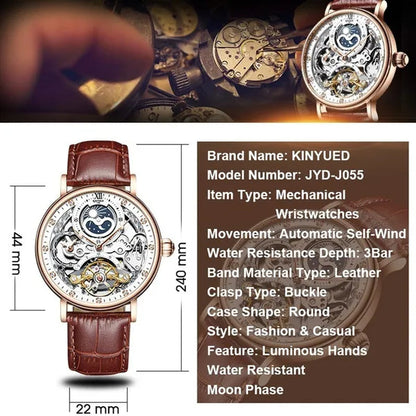 KINYUED Mechanical Automatic Watch Men Tourbillon Wristwatch Sports Clock Mechanism Self Winding Watches Casual Moon horloge man watches