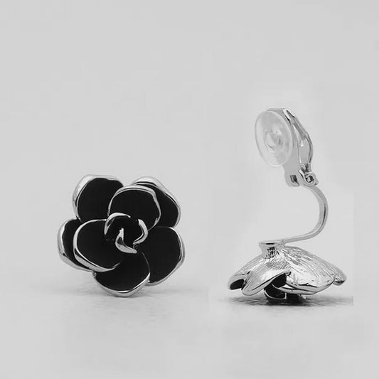 2PCS Women Gold Plated Black Rose Flower Clip on Earrings Non-pierced Jewelry
