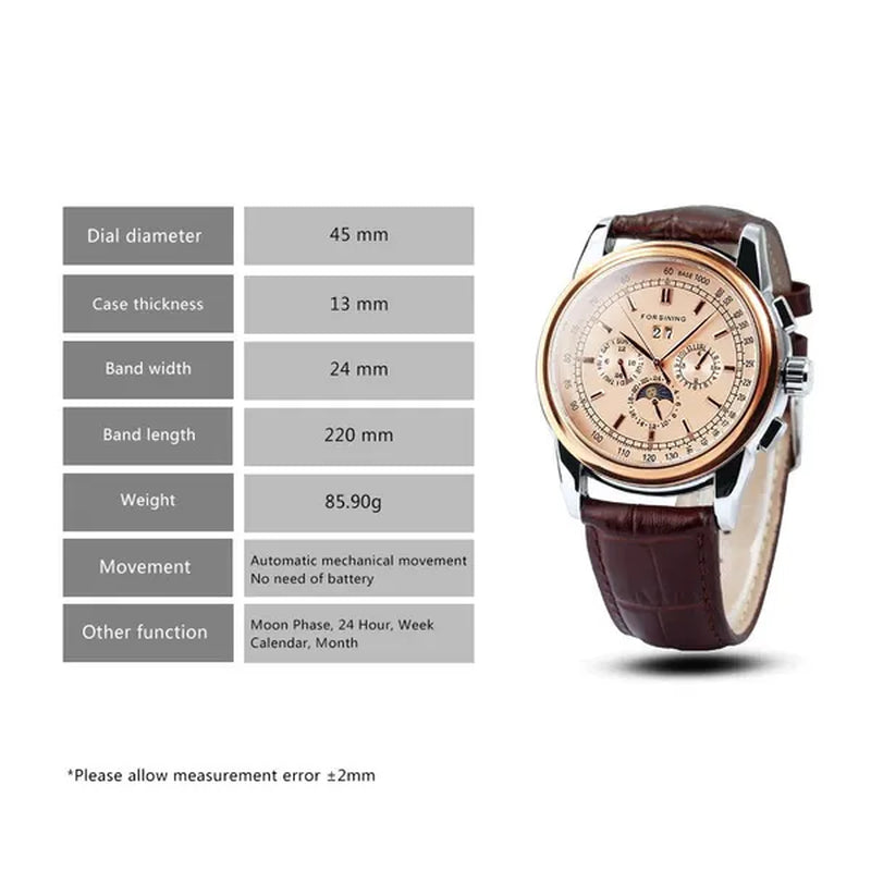 Forsining Moon Phase Shanghai Movement Rose Gold Case Brown Bracelet En Cuir Véritable Montres Pour Hommes Top Brand Luxury Auotmatic Watch with Gift Box