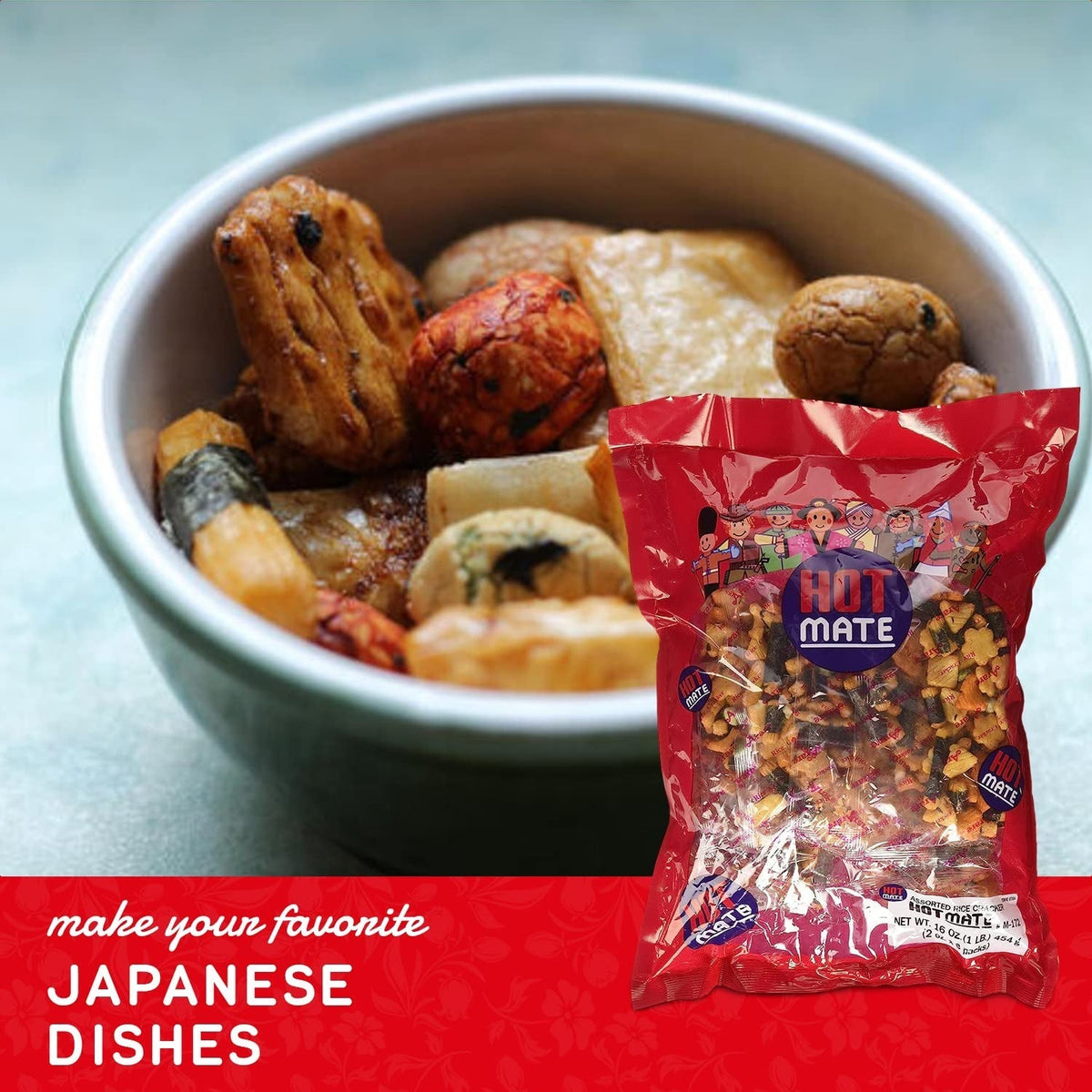 Hot Mate Japanese Rice Cracker | Oriental Asian Arare Rice Crackers with Glutinous Rice, Wasabi Green Peas, and Soy Sauce | Mixed Flavor, 16 Oz. (Pack of 1)